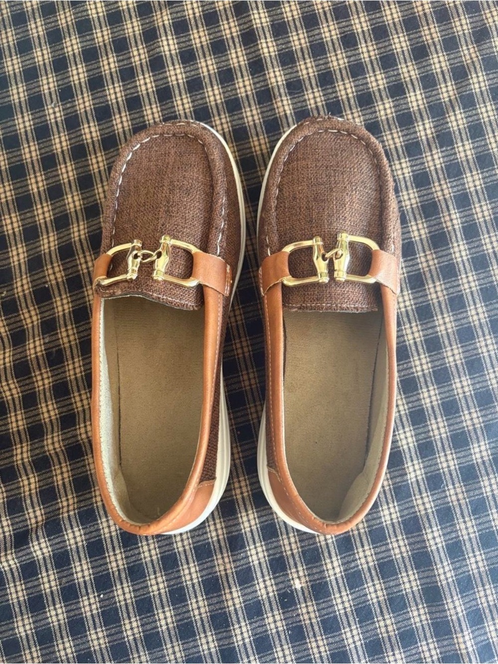 Tan Brown Women's Slip-On Loafers with Gold Bit Accent
